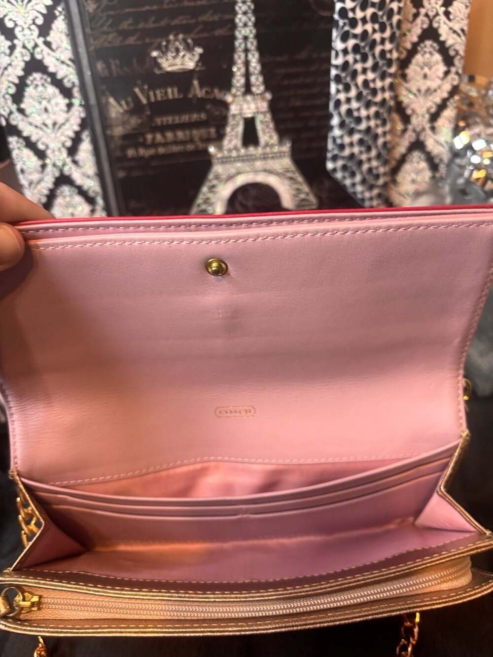Coach Colorblock Chain Crossbody Wallet Pink Gold Leather - Picture 6 of 11